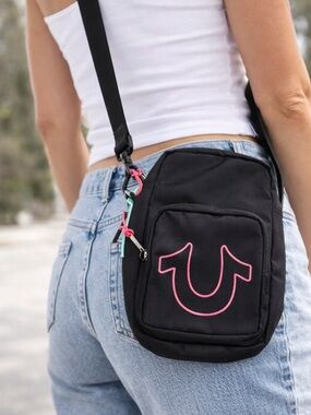 True Religion Black Crossbody Bag with Pink Logo